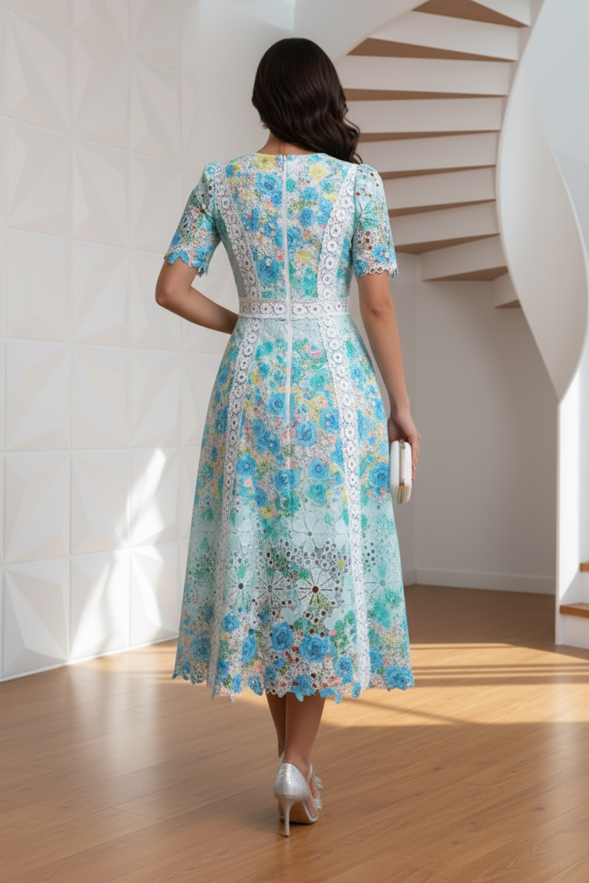 Scoop Short Sleeves Floral Printed  A-Line Cocktail Dress