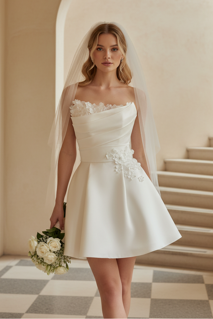 Strapless Appliques Short A-Line Wedding Dress