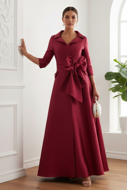V-Neck Long Sleeves Bow A-Line Mother of Bride Dress
