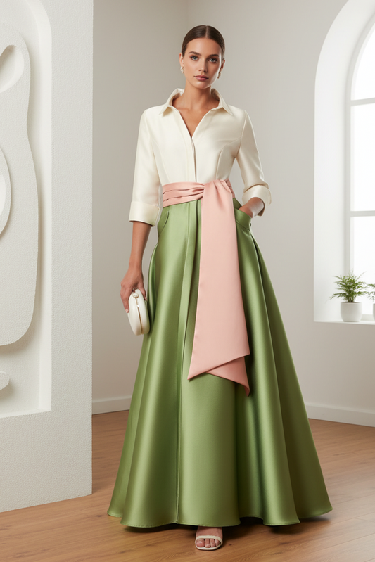 V-Neck  Long Sleeves Mikado Satin A-Line Mother  of Bride Dress