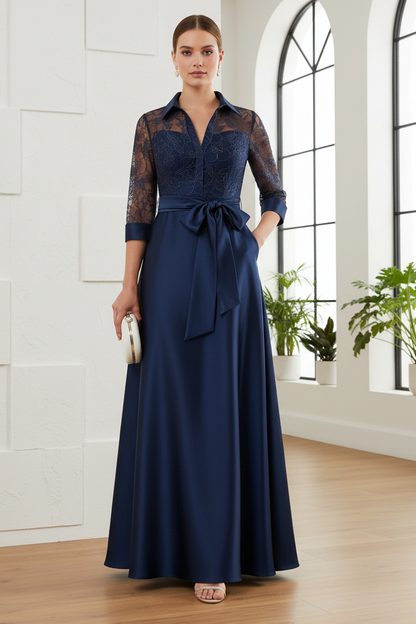 V-Neck Long Sleeves Appliques Satin A-Line Motherof Bride Dress