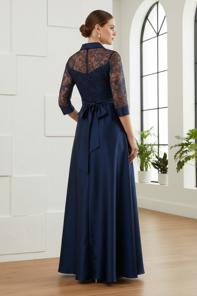 V-Neck Long Sleeves Appliques Satin A-Line Motherof Bride Dress