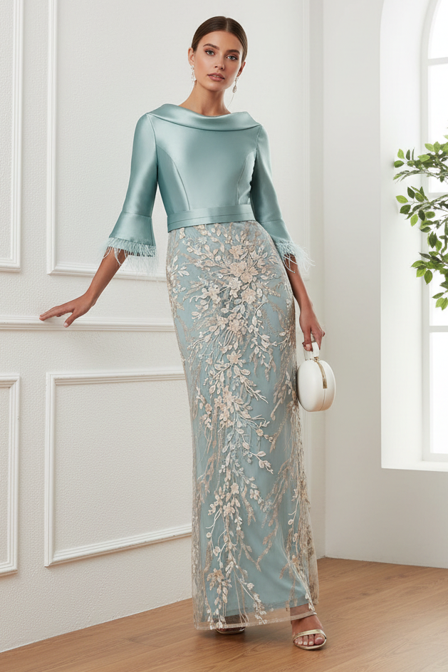 Scoop Long Sleeves Appliques Mermaid  Mother of Bride Dress