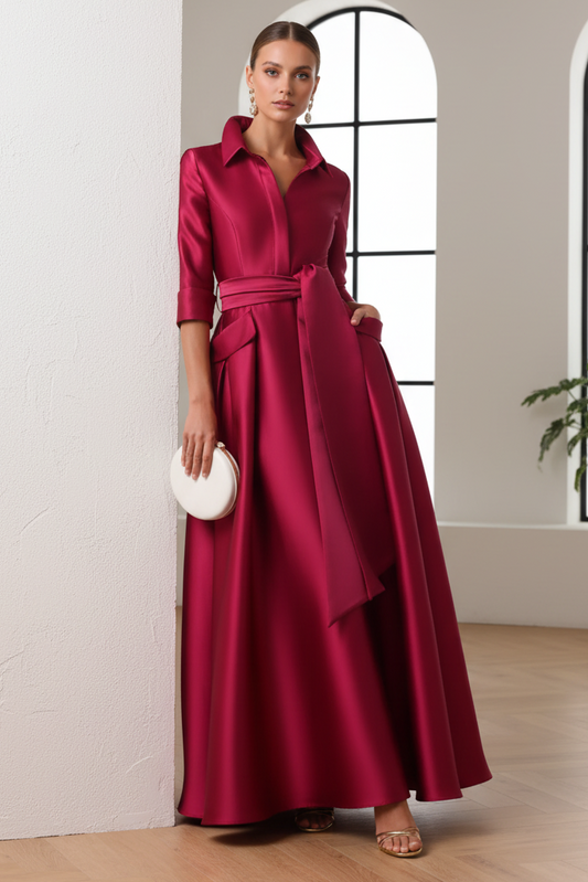 V-Neck 3/4 Sleeve A-Line Mother of  Bride Mikado Satin Dress