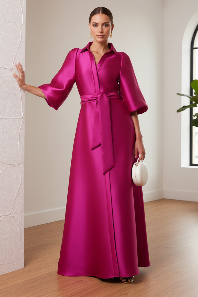 V-Neck Mikado Satin Long Sleeves A-Line Mother of Bride Dress
