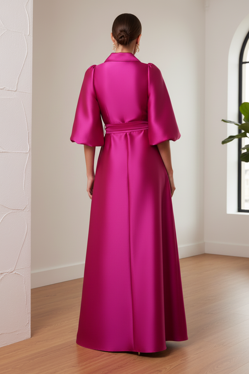 V-Neck Mikado Satin Long Sleeves A-Line Mother of Bride Dress