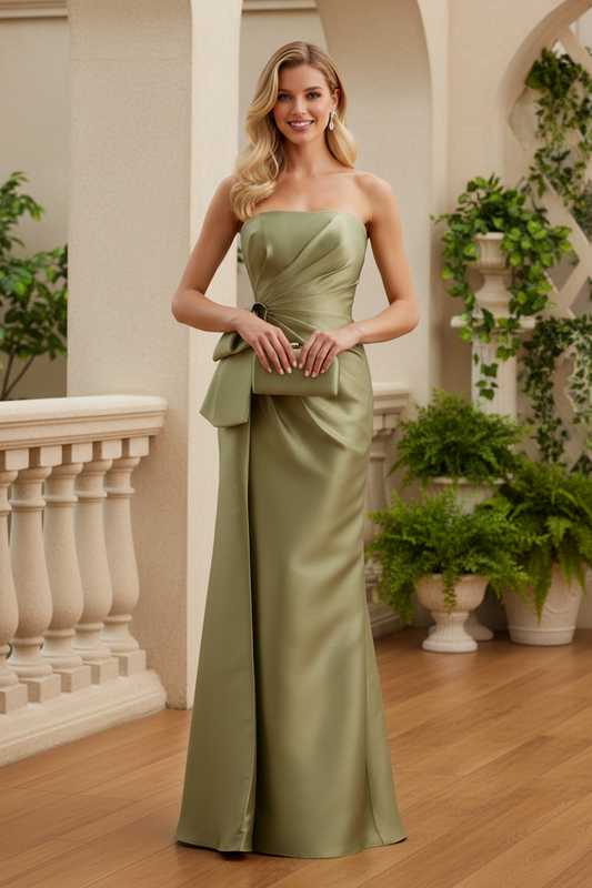 Strapless Draped Satin Column Gown