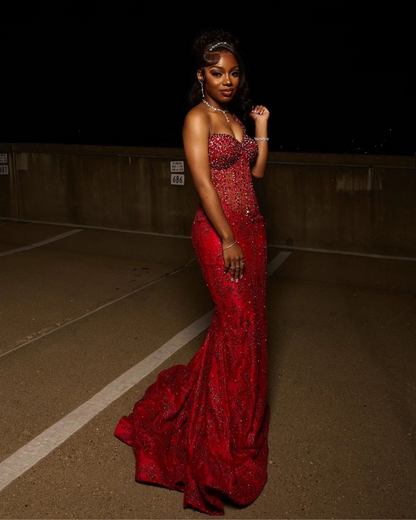 Red Mermaid Long Prom Dresses Formal Evening Dress