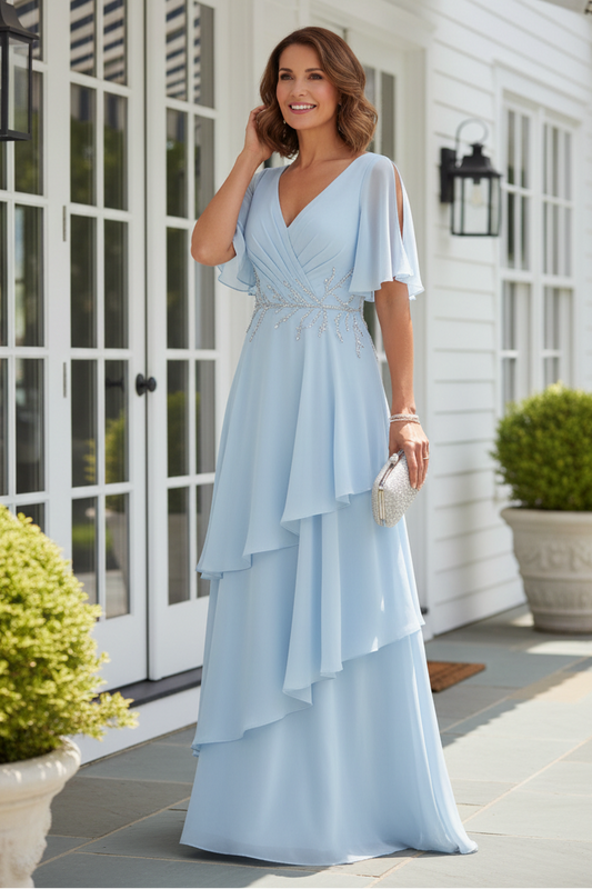 V-Neck Flutter Sleeve Tiered Chiffon A-Line Gown