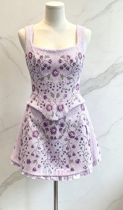 Floral Beaded Corset and Shorts Two-Piece Set