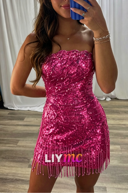Strapless Sequined Mini Dress with Beaded Fringe