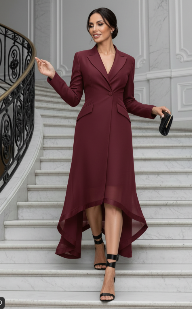 V-Neck Blazer Satin High-Low Formal Dress