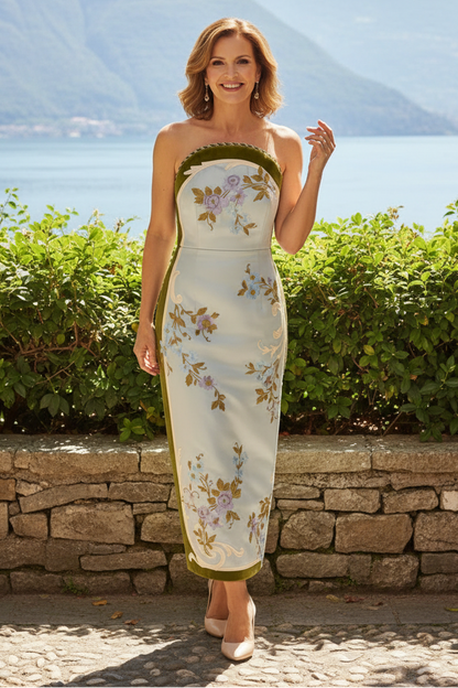 Strapless Floral Embroidered Maxi Column Dress