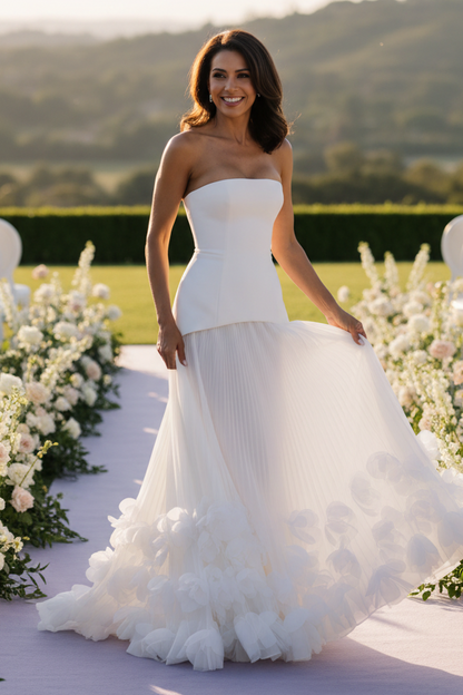 Strapless Drop-Waist Gown with Pleated 3D Floral Skirt