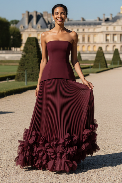 Strapless Drop-Waist Gown with Pleated 3D Floral Skirt