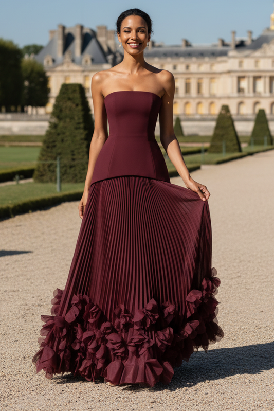 Strapless Drop-Waist Gown with Pleated 3D Floral Skirt