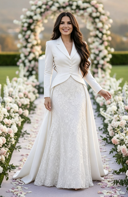 Tailored Lapel Evening Gown with Lace Skirt