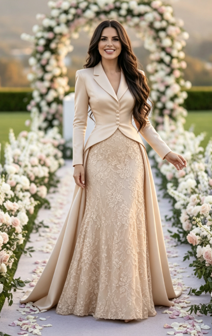 Tailored Lapel Evening Gown with Lace Skirt