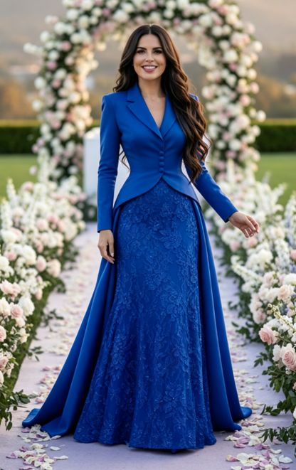 Tailored Lapel Evening Gown with Lace Skirt