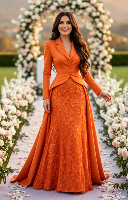 Tailored Lapel Evening Gown with Lace Skirt