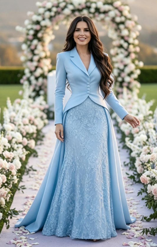 Tailored Lapel Evening Gown with Lace Skirt