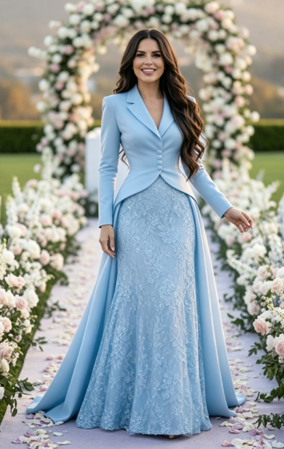 Tailored Lapel Evening Gown with Lace Skirt
