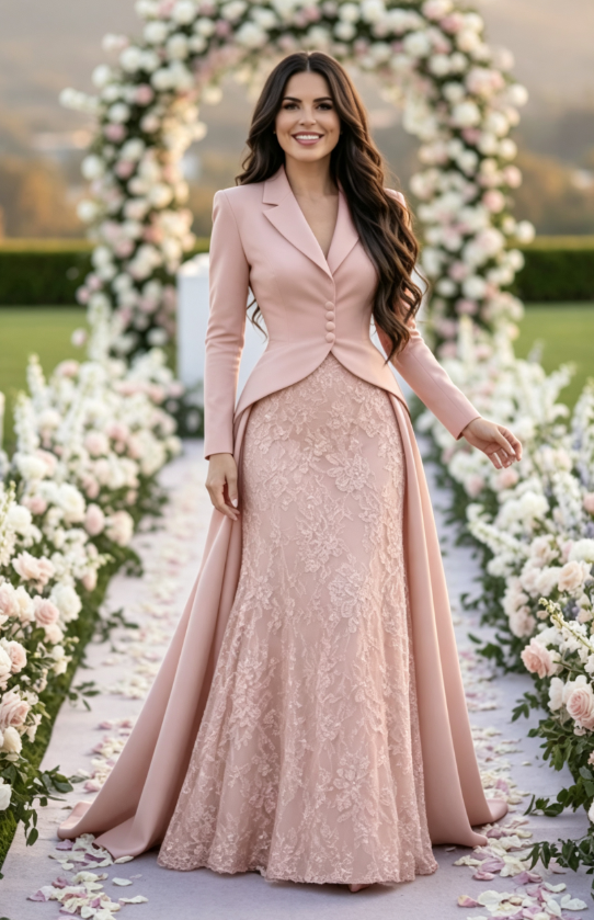 Tailored Lapel Evening Gown with Lace Skirt