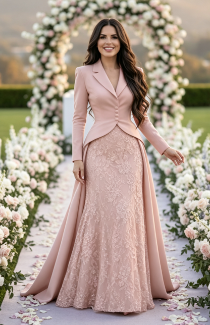 Tailored Lapel Evening Gown with Lace Skirt