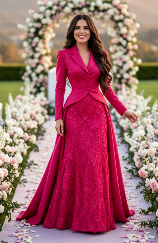 Tailored Lapel Evening Gown with Lace Skirt