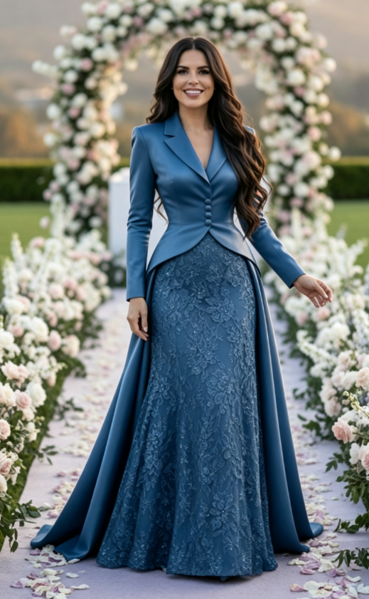 Tailored Lapel Evening Gown with Lace Skirt