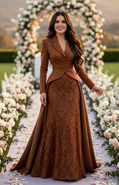 Tailored Lapel Evening Gown with Lace Skirt