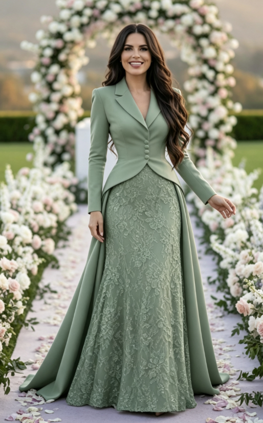 Tailored Lapel Evening Gown with Lace Skirt