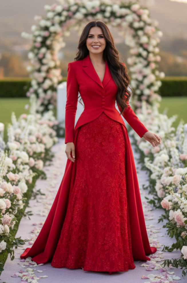 Tailored Lapel Evening Gown with Lace Skirt