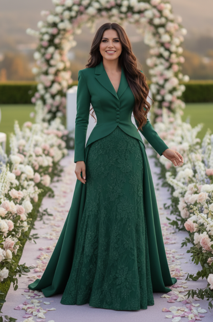 Tailored Lapel Evening Gown with Lace Skirt