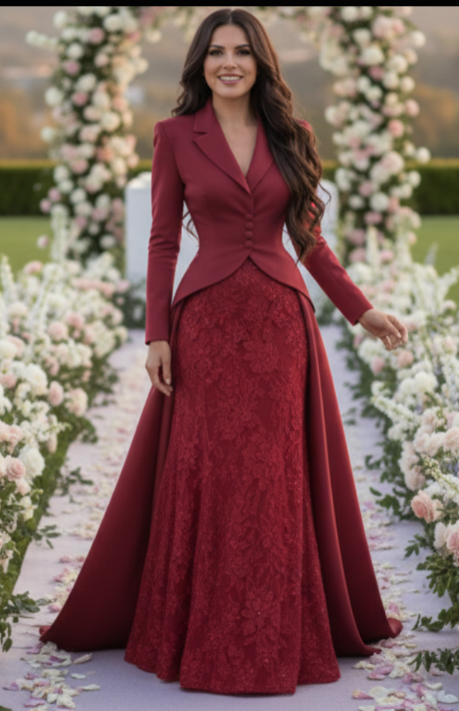 Tailored Lapel Evening Gown with Lace Skirt