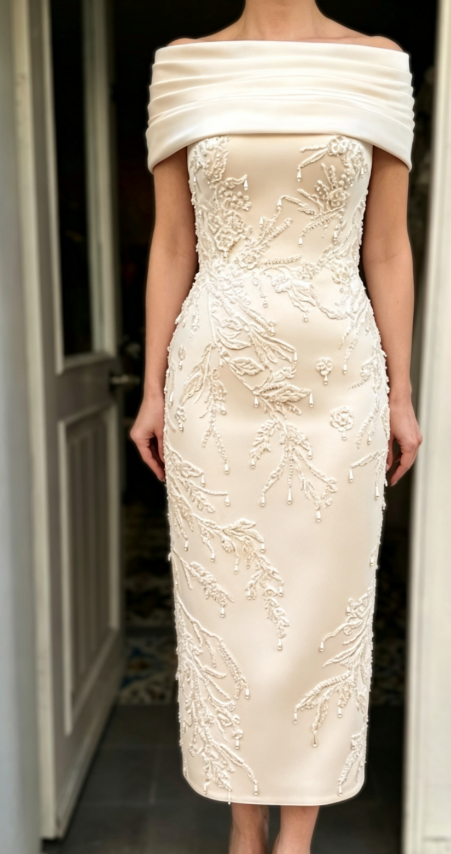 Off-Shoulder Cap Sleeveless Appliques Sheath Mother of Bride Dress