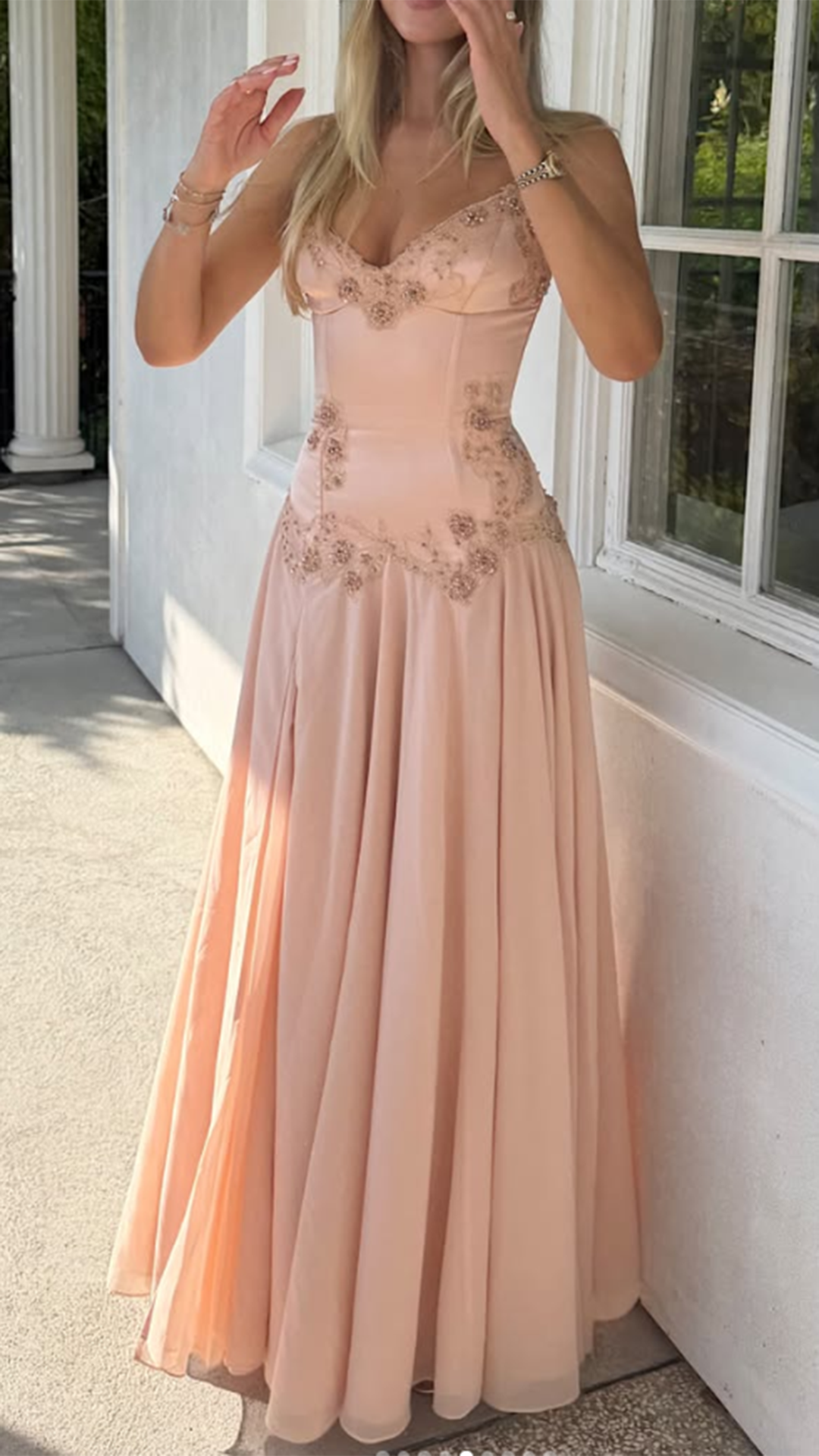 Beaded Corset Chiffon A-Line Gown with Slit