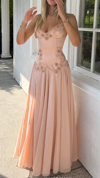 Beaded Corset Chiffon A-Line Gown with Slit