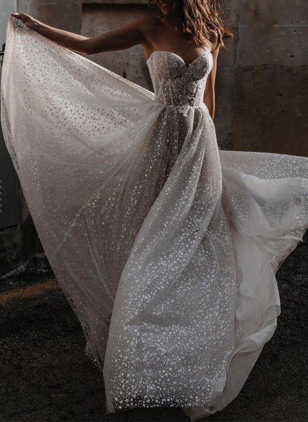 Sparkly Sequined Sweetheart Lace A-Line Wedding Dresses