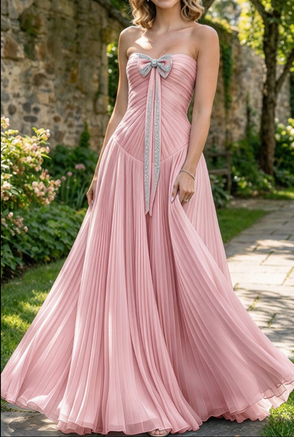 Strapless Pleated Evening Gown with Bow Accent