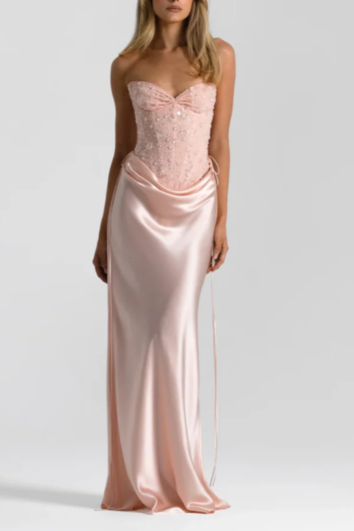 Strapless Beaded Corset Maxi Dress with Cowl