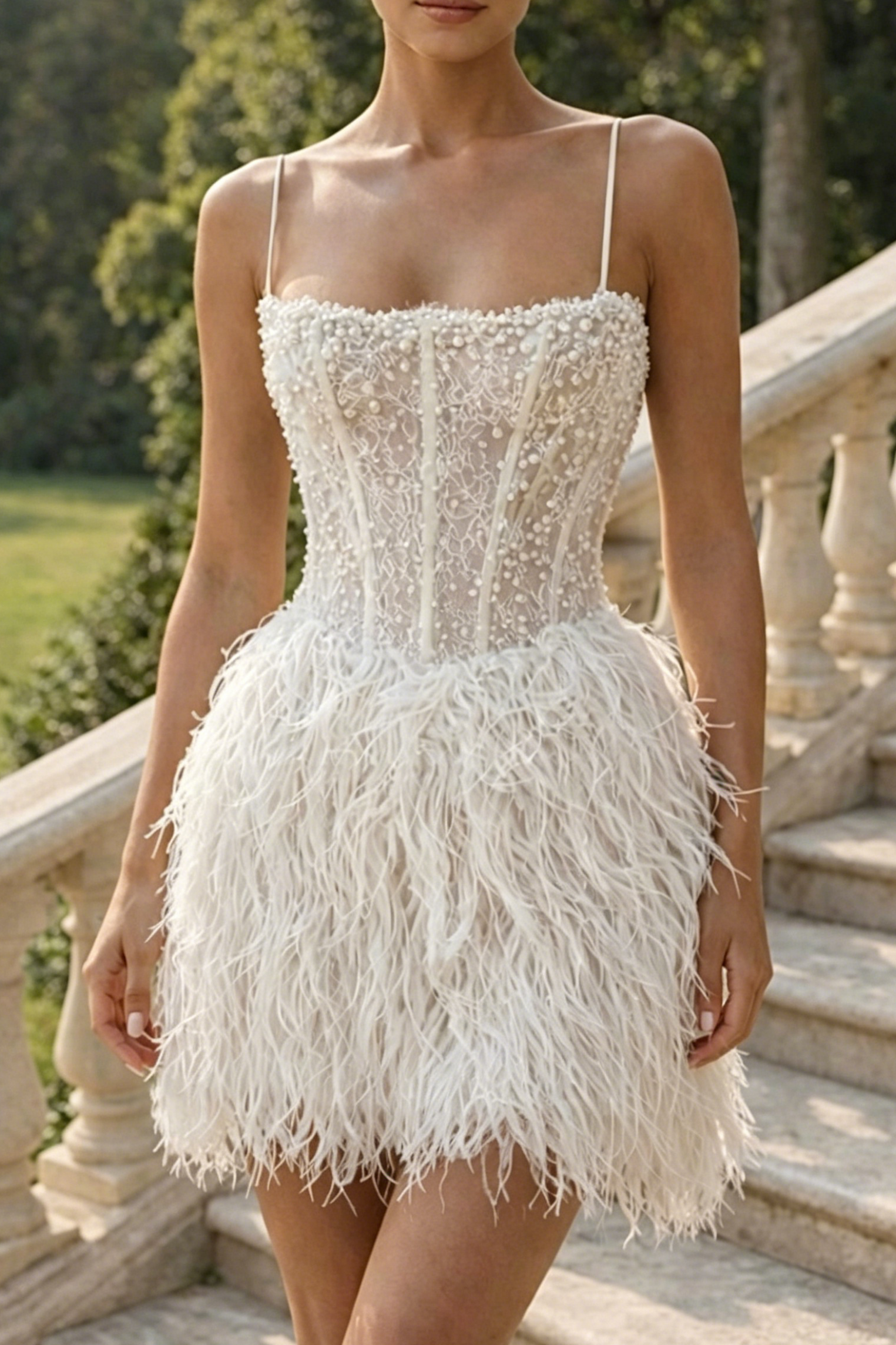 Beaded Corset Feather Bridal Mini Dress