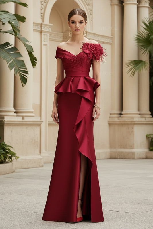 Feather Trimmed 3D Floral Off-The-Shoulder Mother Of The Bride Dresses With Ruffled