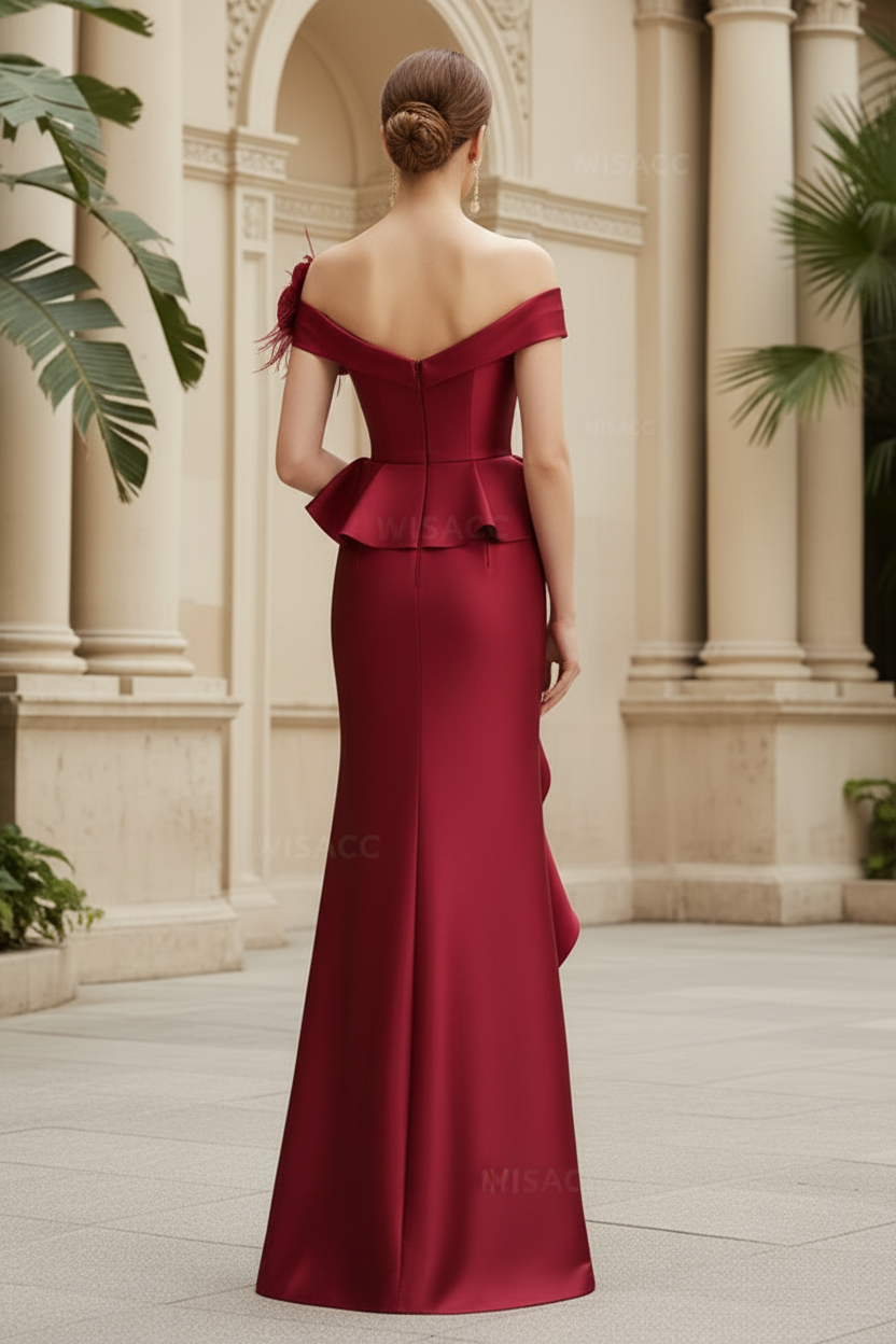 Feather Trimmed 3D Floral Off-The-Shoulder Mother Of The Bride Dresses With Ruffled