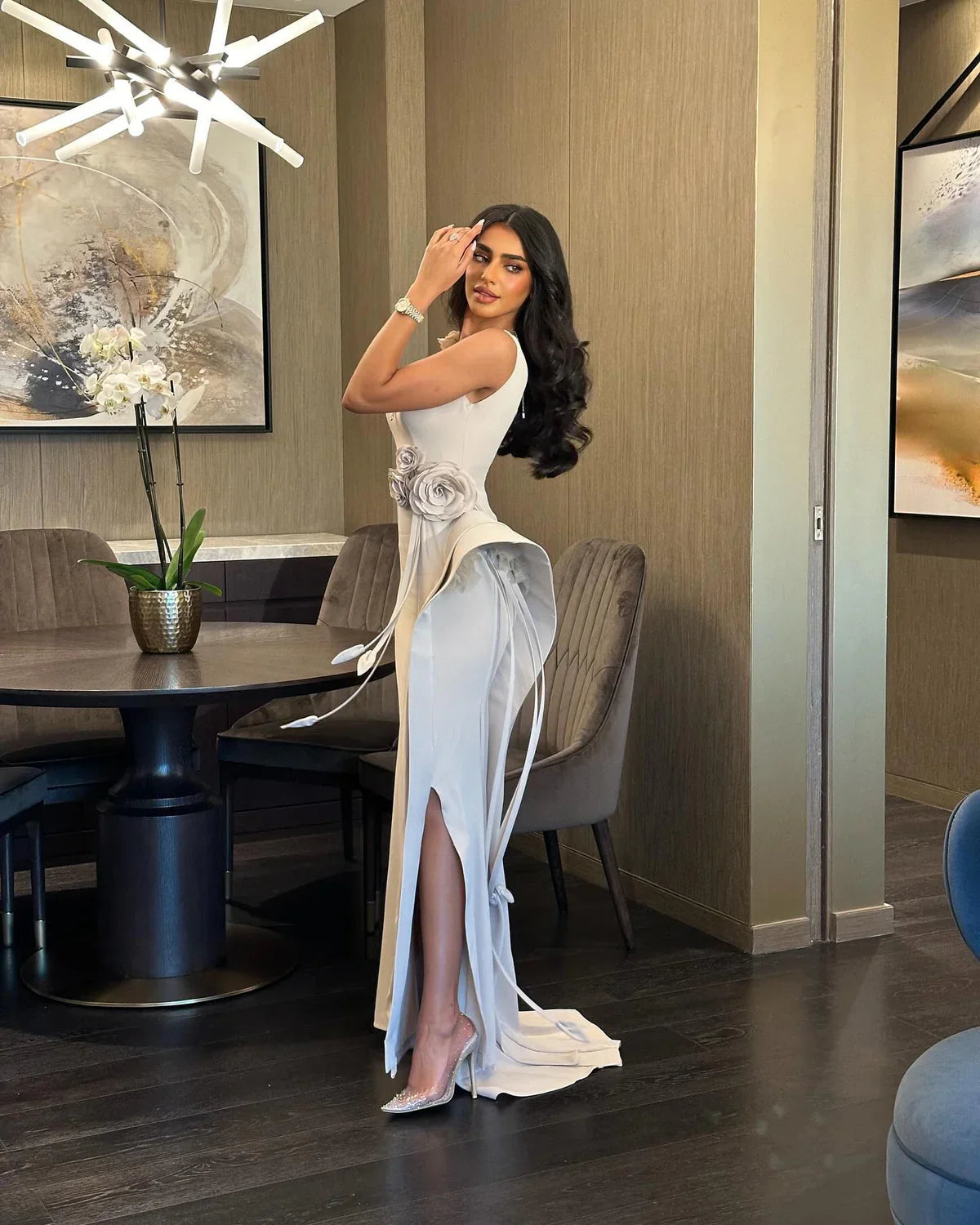 Scoop Sleeevless Mermaid  Floral Embellished Evening Dress