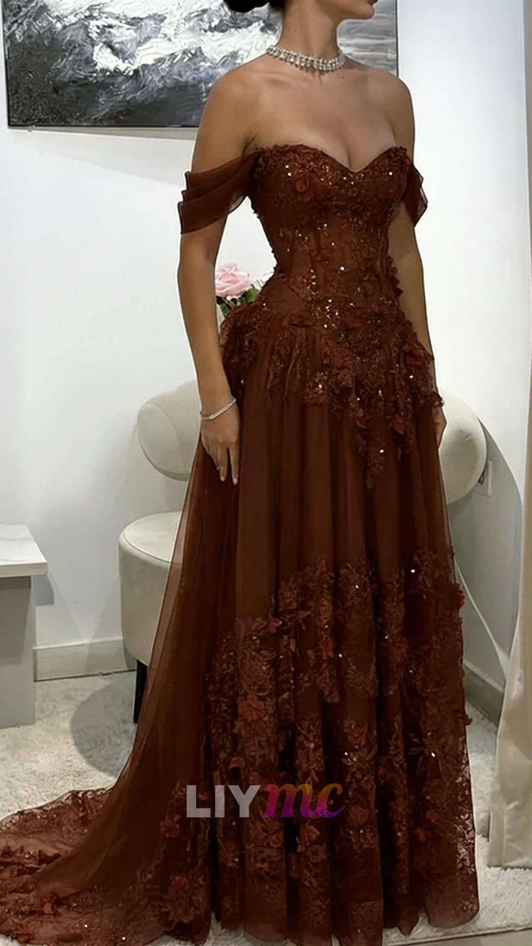 brown corset prom dress Off-Shoulder Appliques Tulle A-Line Sleeve Length:33 Fitted with low waist Badge:SHIPS FREE Primavera Short Beaded Homecoming