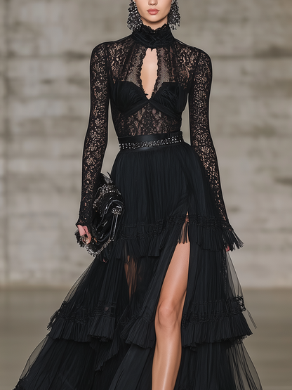 Black Lace Fringe Chiffon Slit Maxi Dress