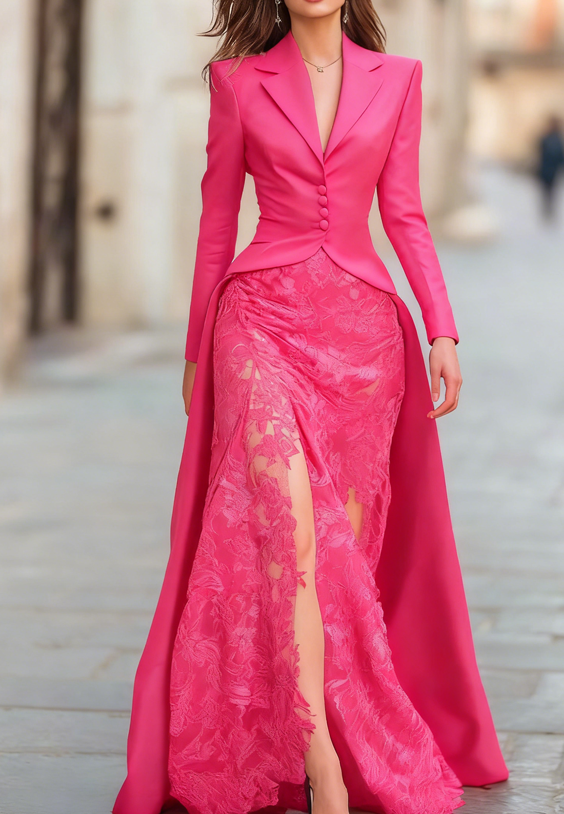 Elegant Tailored Blazer Panel Lace Gown Set