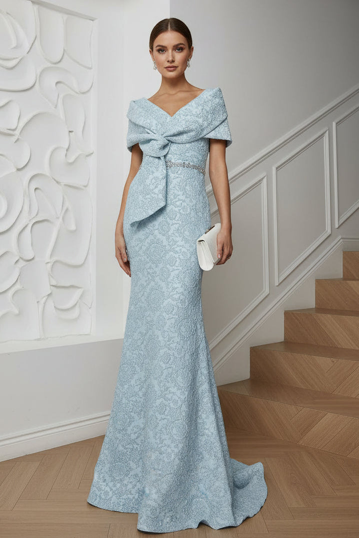 V-Neck Floral Printed Satin Mermaid Mother of Bride Dress