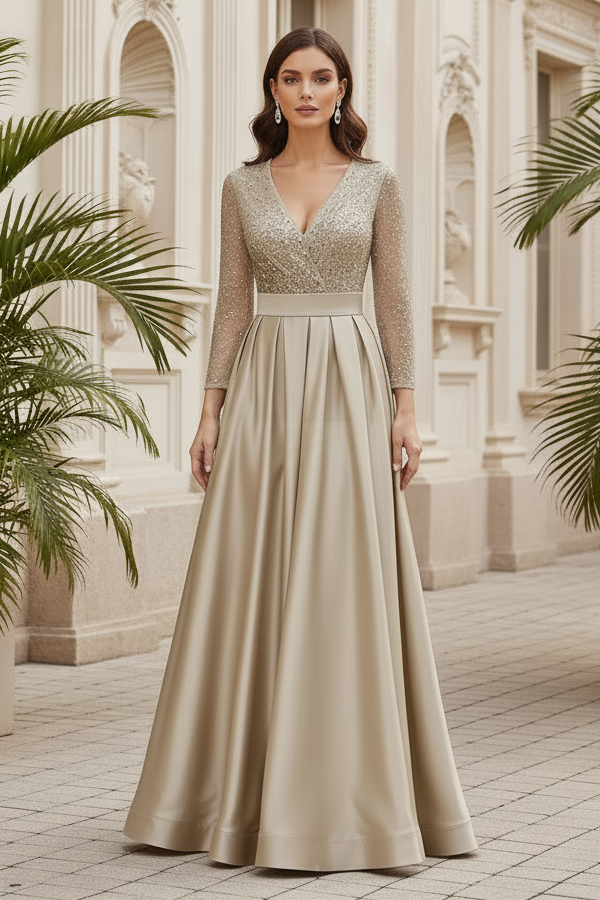 A-Line V-Neck Long Sleeves Satin/Sequined Mother Of The Bride Dresses